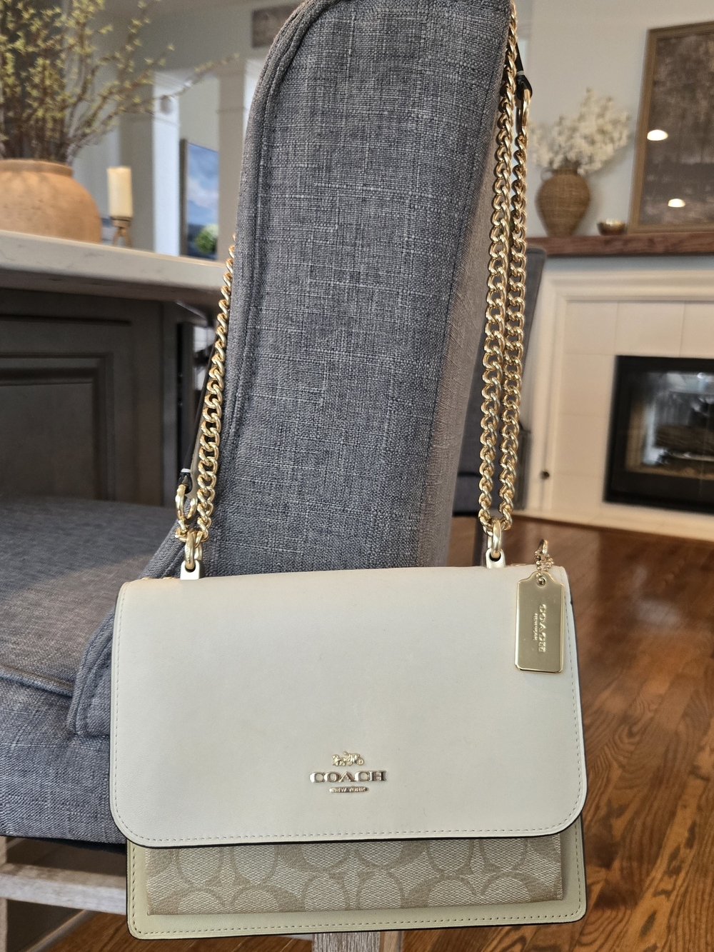 Coach Women's Cream Signature Chain Shoulder Bag Klare With Snakeskin Trim